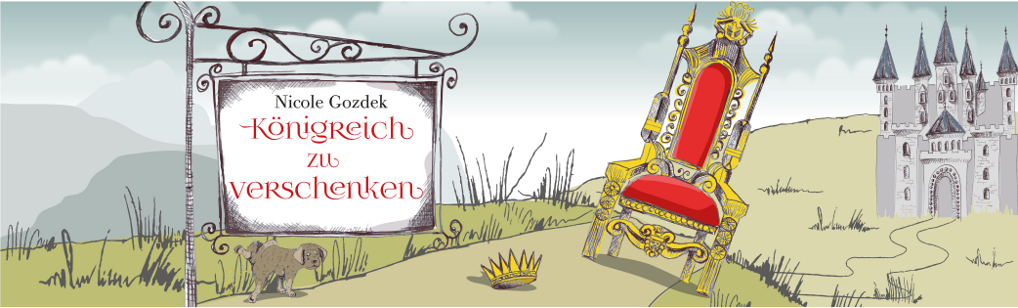 Thron, Krone, Schloss und Schild "Königreich zu verschenken"