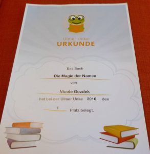 Urkunde über den Gewinn der Ulmer Unke 2016