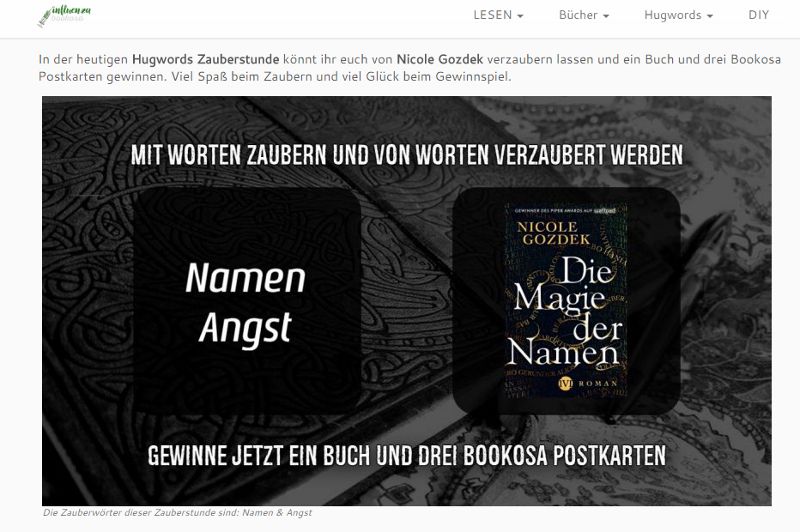 Banner mit Notizbuch, Roman "Die Magie der Namen" und Schrift