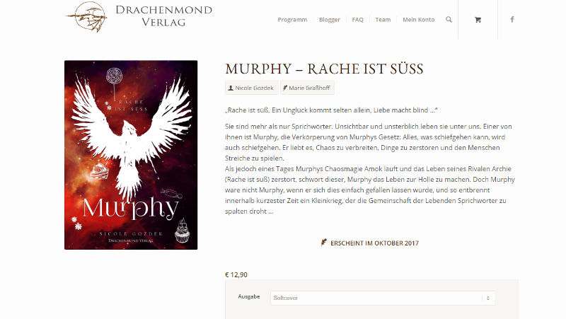 Screenshot: "Murphy - Rache ist süß" auf der Seite des Drachenmond Verlags