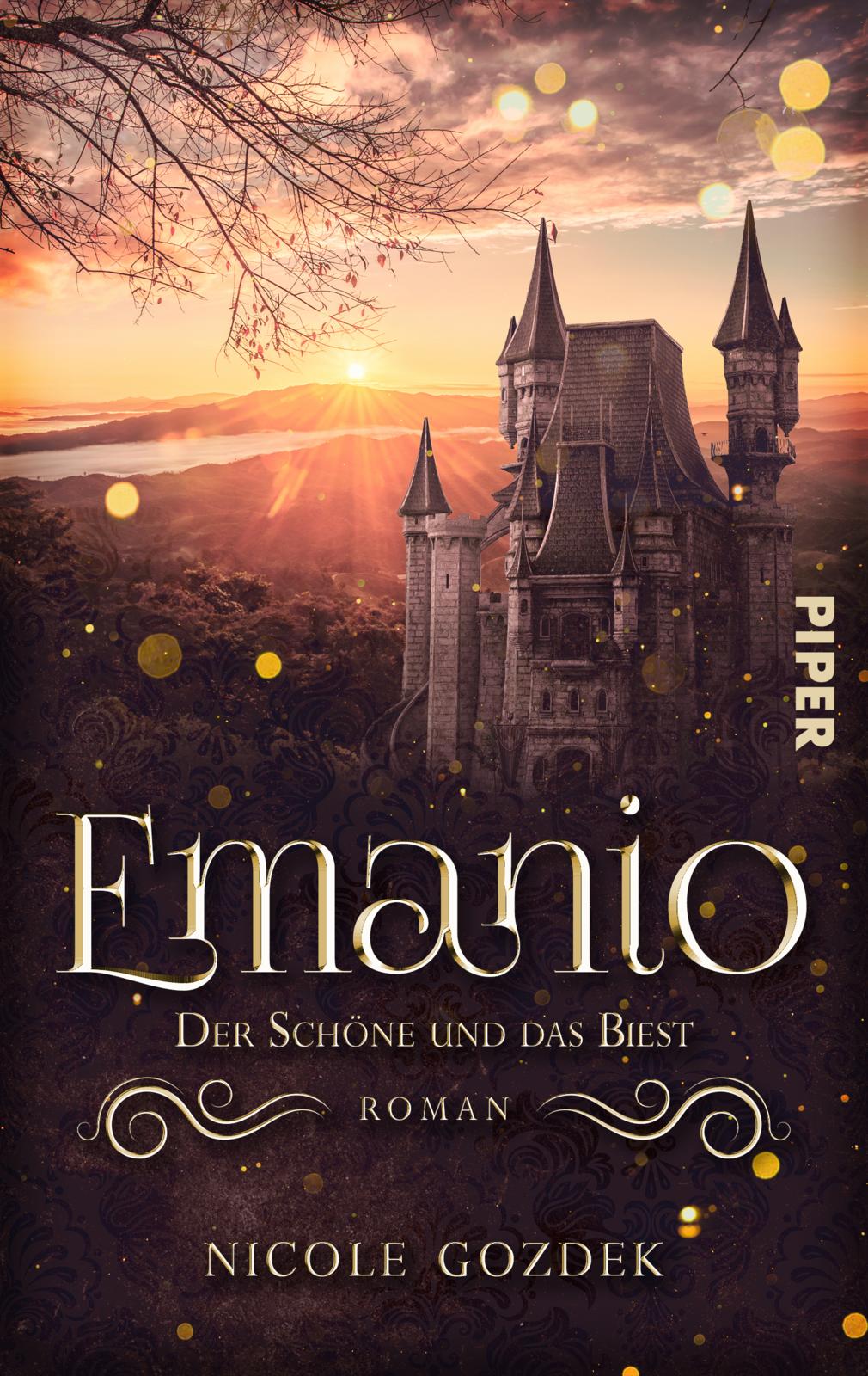 Cover zu "Emanio - Der Schöne und das Biest" mit Schloss vor Sonnenuntergang