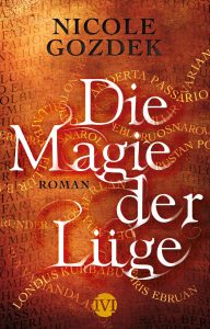 orangefarbenes Cover zu "Die Magie der Lüge" mit Namen im Hintergrund