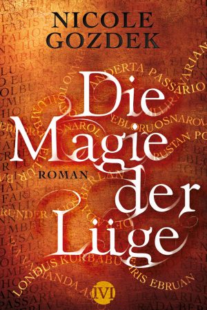 orangefarbenes Cover zu "Die Magie der Lüge" mit Namen im Hintergrund