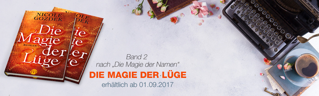 Banner zum Roman "Die Magie der Lüge" mit zwei Büchern und Schreibmaschine