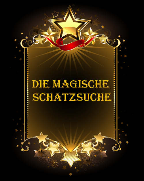 Spiegel mit leuchtenden, goldenen Sternen rundherum und dem Schriftzug "Die magische Schatzsuche"