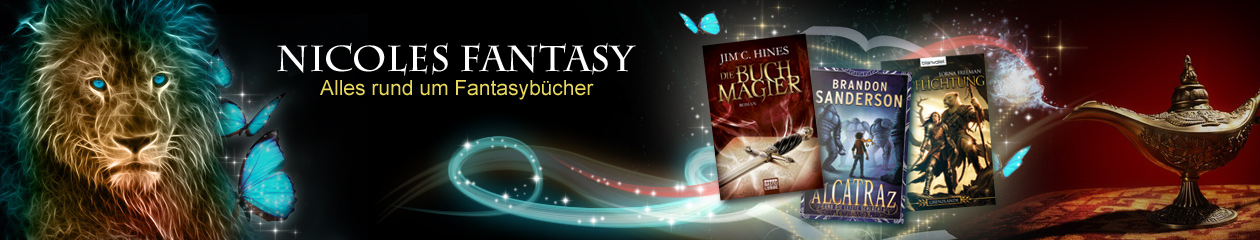 Banner von meiner alten Website nicoles-fantasy.de mit Löwe, Magie und Büchern
