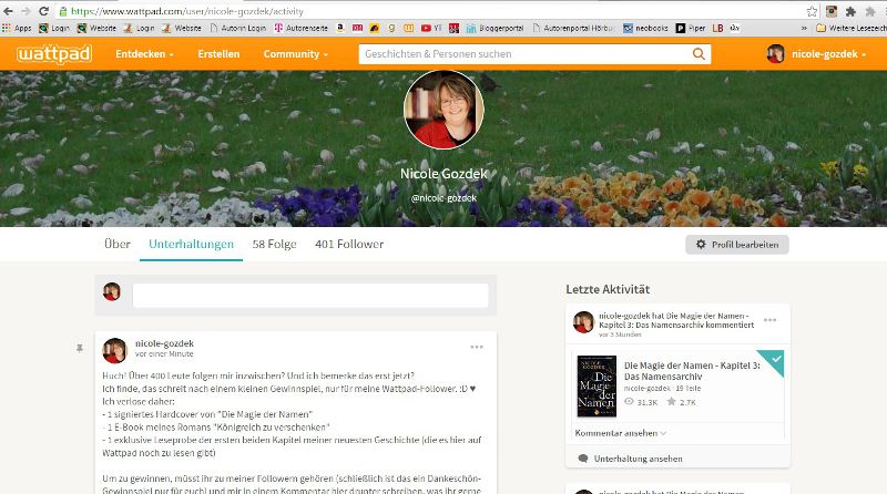 Screenshot von meiner Wattpad-Seite 2018