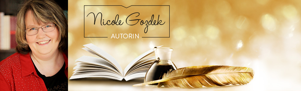 Autoren-Banner mit Foto, Feder, Tintenfass und Buch 